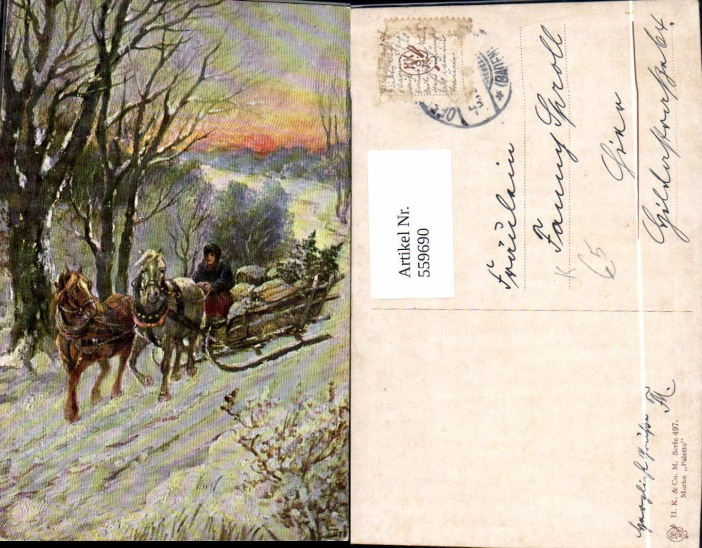 559690,Künstler Ak Weihnachten Frau Pferdeschlitten Winterlandschaft