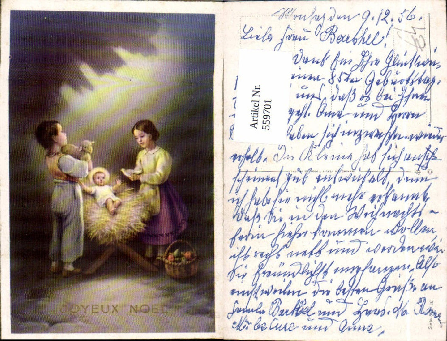 559701,Künstler Ak Weihnachten Kinder Jesuskind i. Krippe Lamm Korb m. Obst Taube