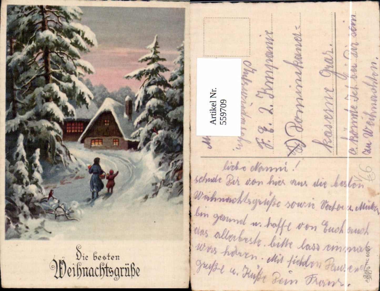 559709,Künstler Ak Weihnachten Frau m. Kind Winterdorf pub Erika 6105