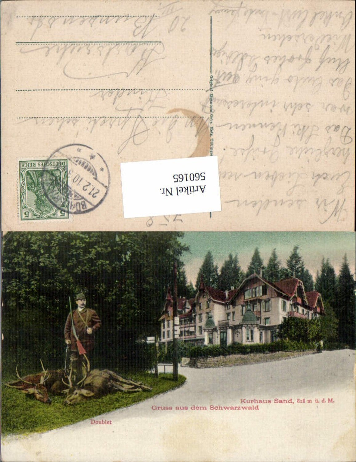 560165,Gruss a. d. Schwarzwald Bühl Kurhaus Sand Doublet Jäger Hirsche Wild