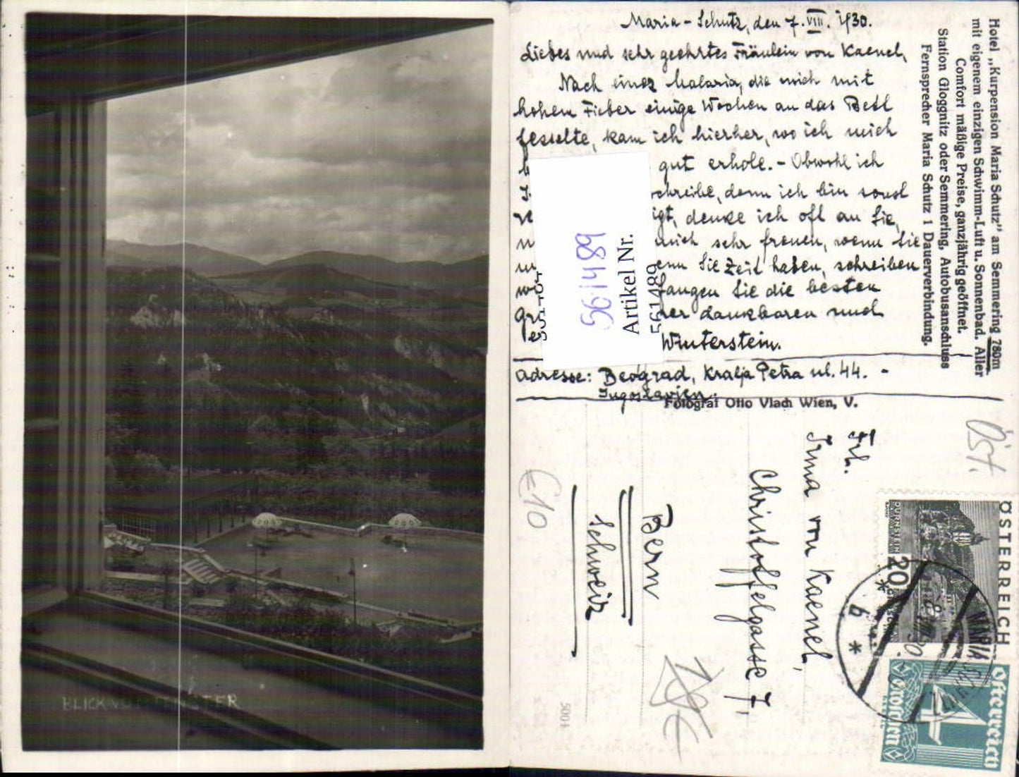 561489,Foto Ak Semmering Schottwien Hotel Kurpension Maria Schutz Blick v. Fenster