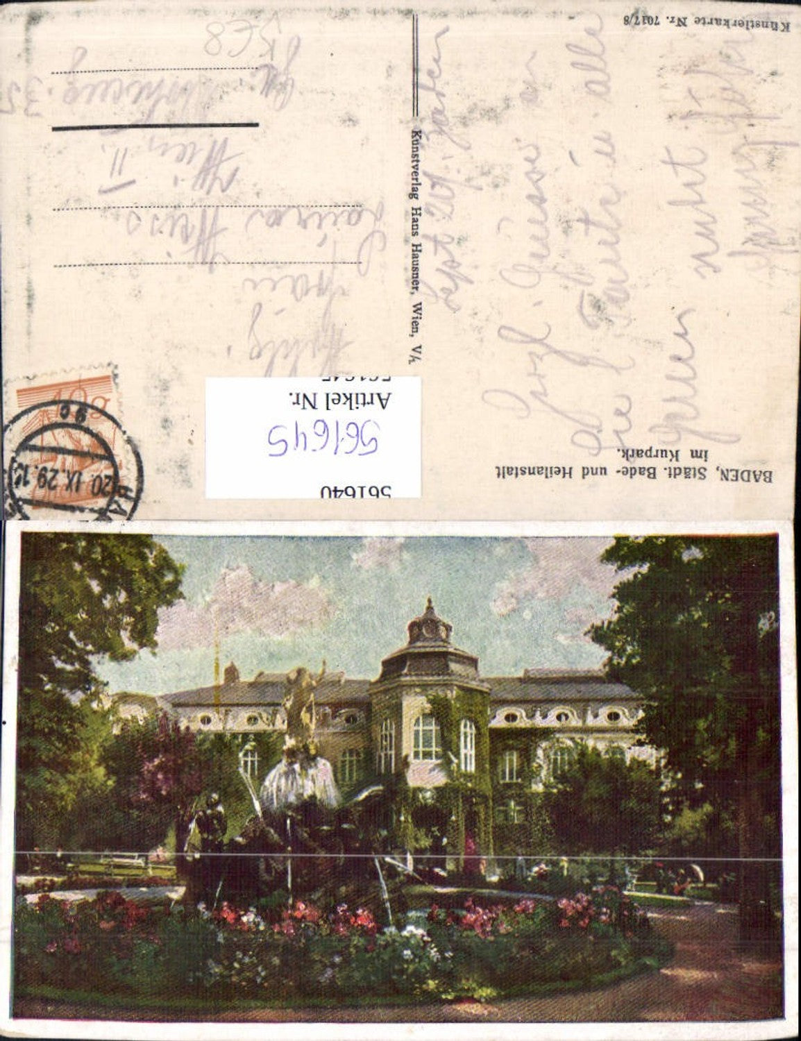 561645,Künstler Ak Baden Städt. Bade-u. Heilanstalt Kurpark pub Hans Hausner 7017/8