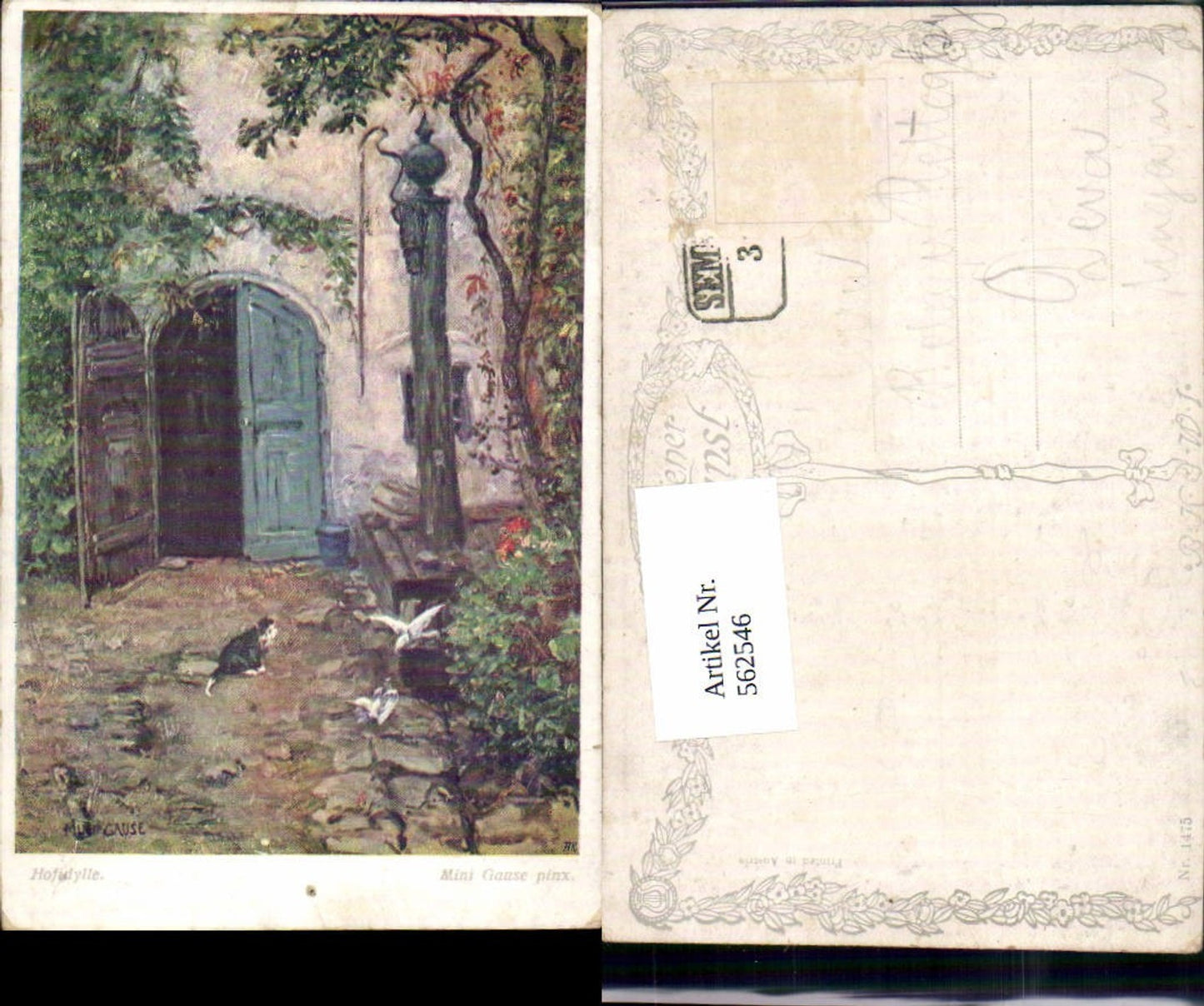 562546,Künstler AK Mini Gause Hofidylle Katze Vögel pub B.K.W.I. 1475