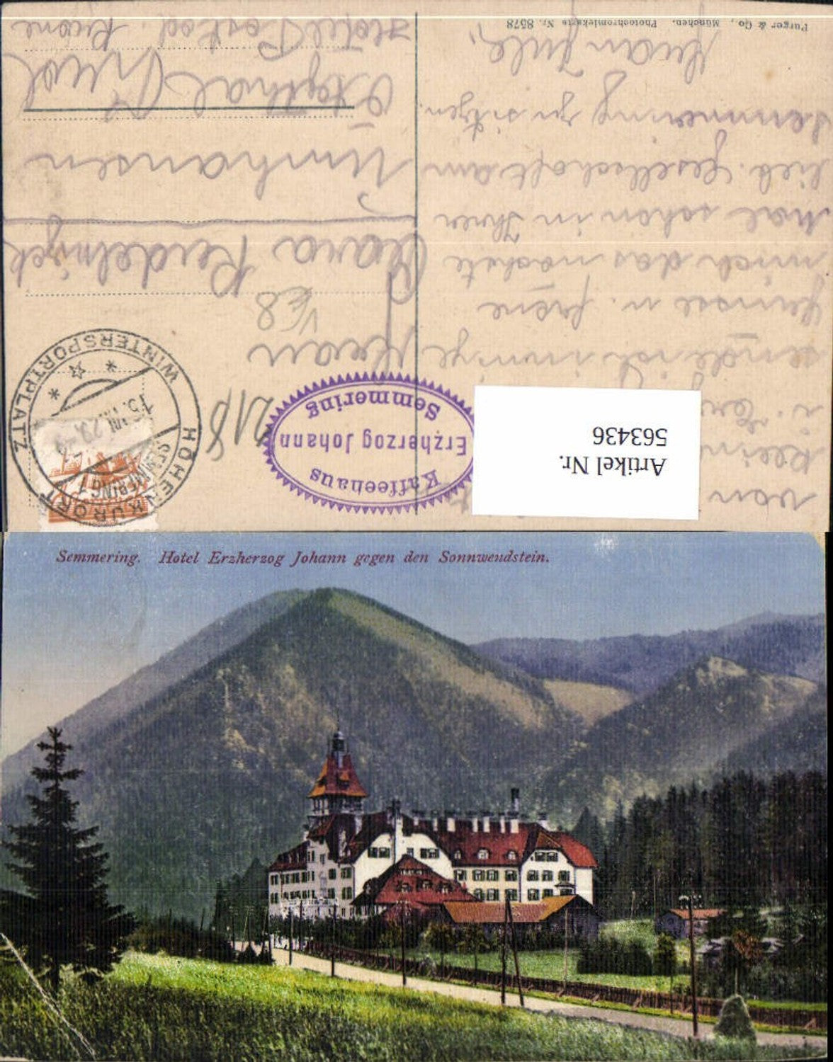 563436,Semmering Hotel Erzherzog Johann geg. d. Sonnwendstein pub Purger Co 8578