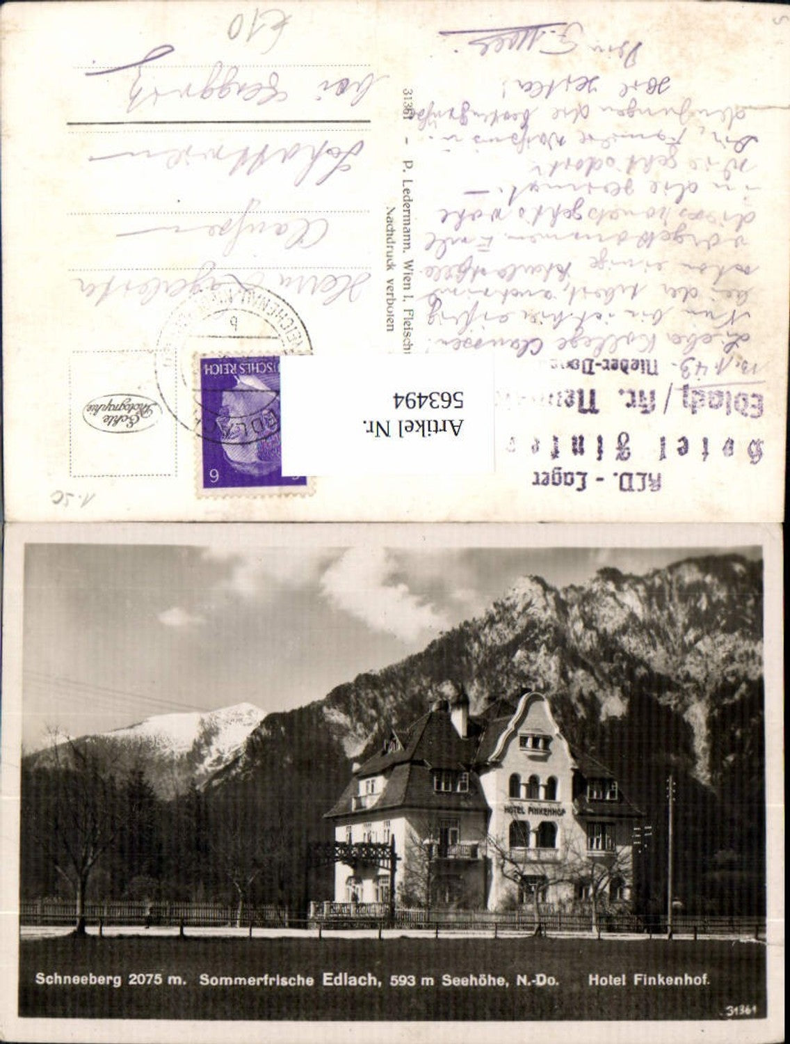 563494,Foto Ak Edlach Hotel Finkenhof m. Schneeberg Reichenau an der Rax