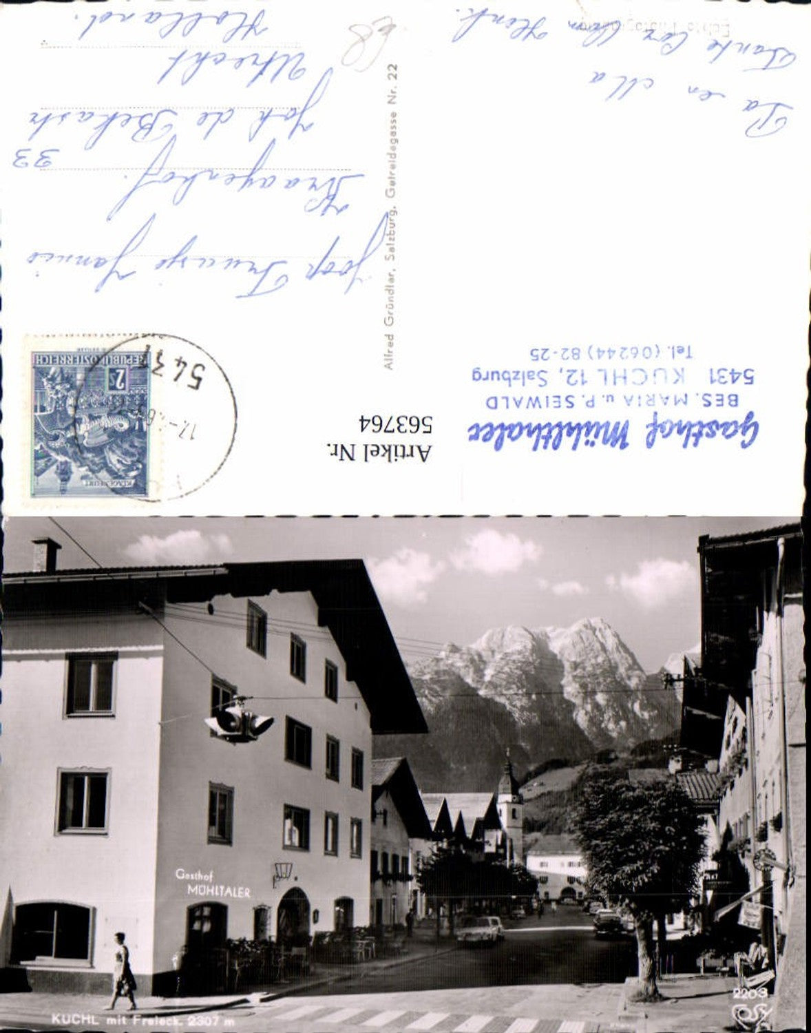 563764,Foto Ak Kuchl m. Freieck Ansicht m. Gasthof Mühltaler Auto pub Cosy 2203
