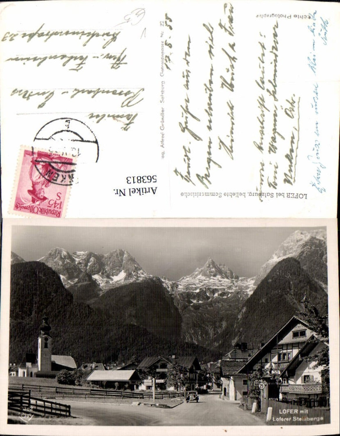 563813,Foto Ak Lofer b. Salzburg Ansicht Straße Kirche Auto pub Cosy 2302