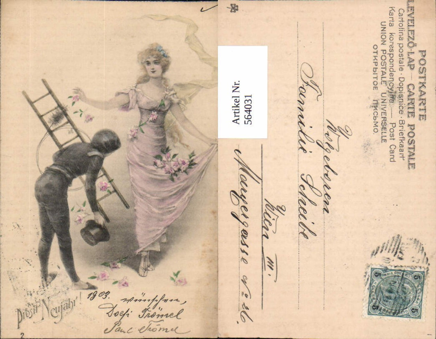564031,tolle Künstler AK Jugendstil Neujahr Schornsteinfeger Rauchfangkehrer Leiter
