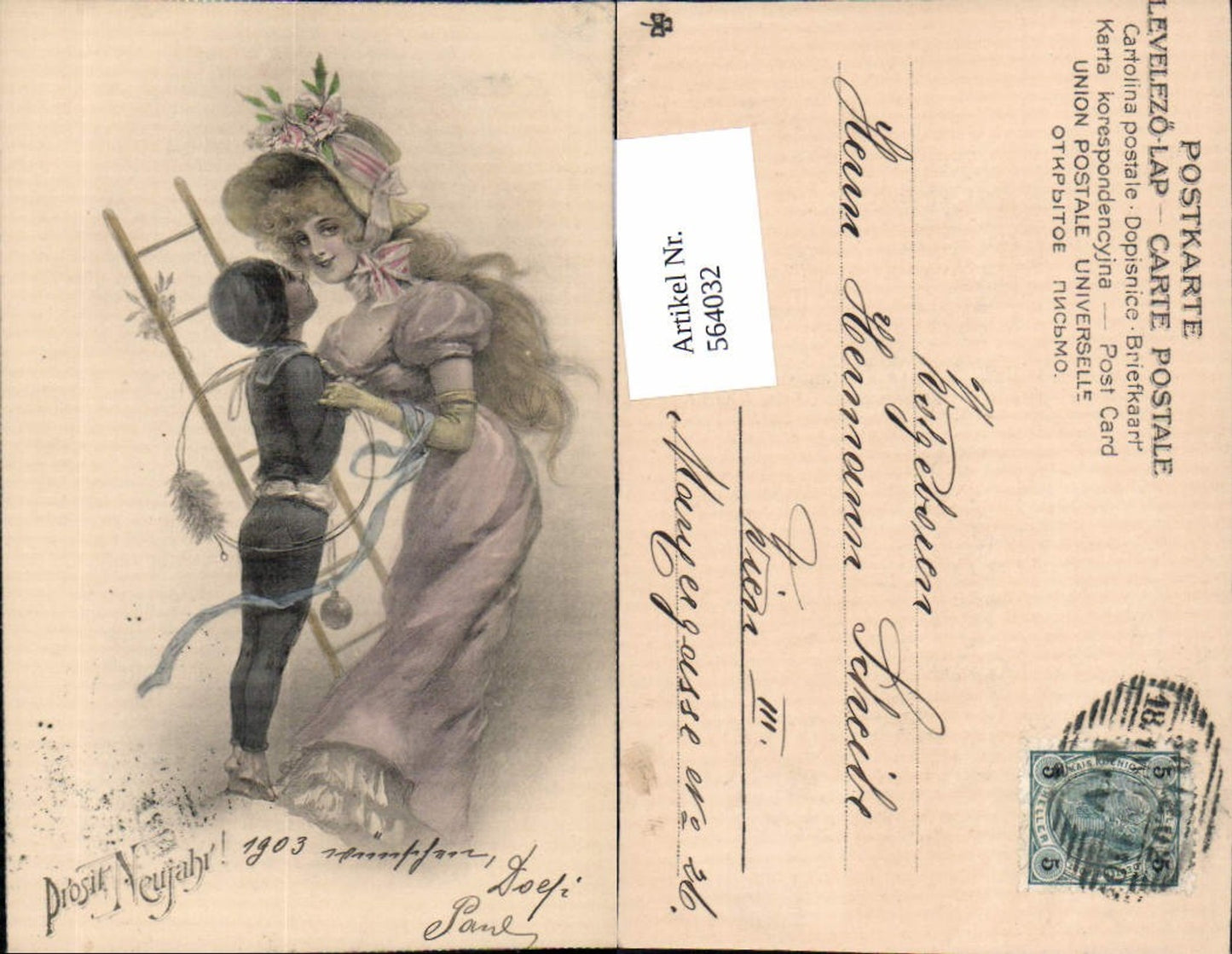 564032,tolle Künstler AK Jugendstil Neujahr Schornsteinfeger Rauchfangkehrer Leiter