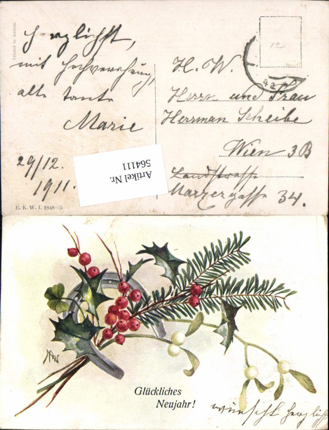 564111,tolle Künstler AK Neujahr Hufeisen pub B.K.W.I. 2848-5