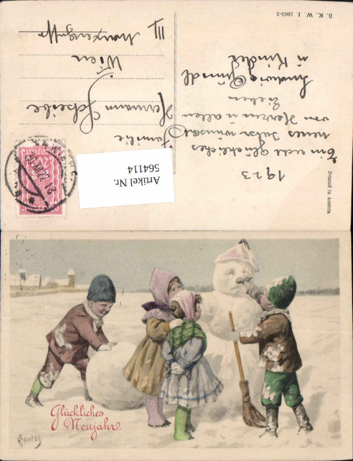 564114, Artist AK Karl Holiday New Year Snowman Broom Children pub BKWI 3065-5