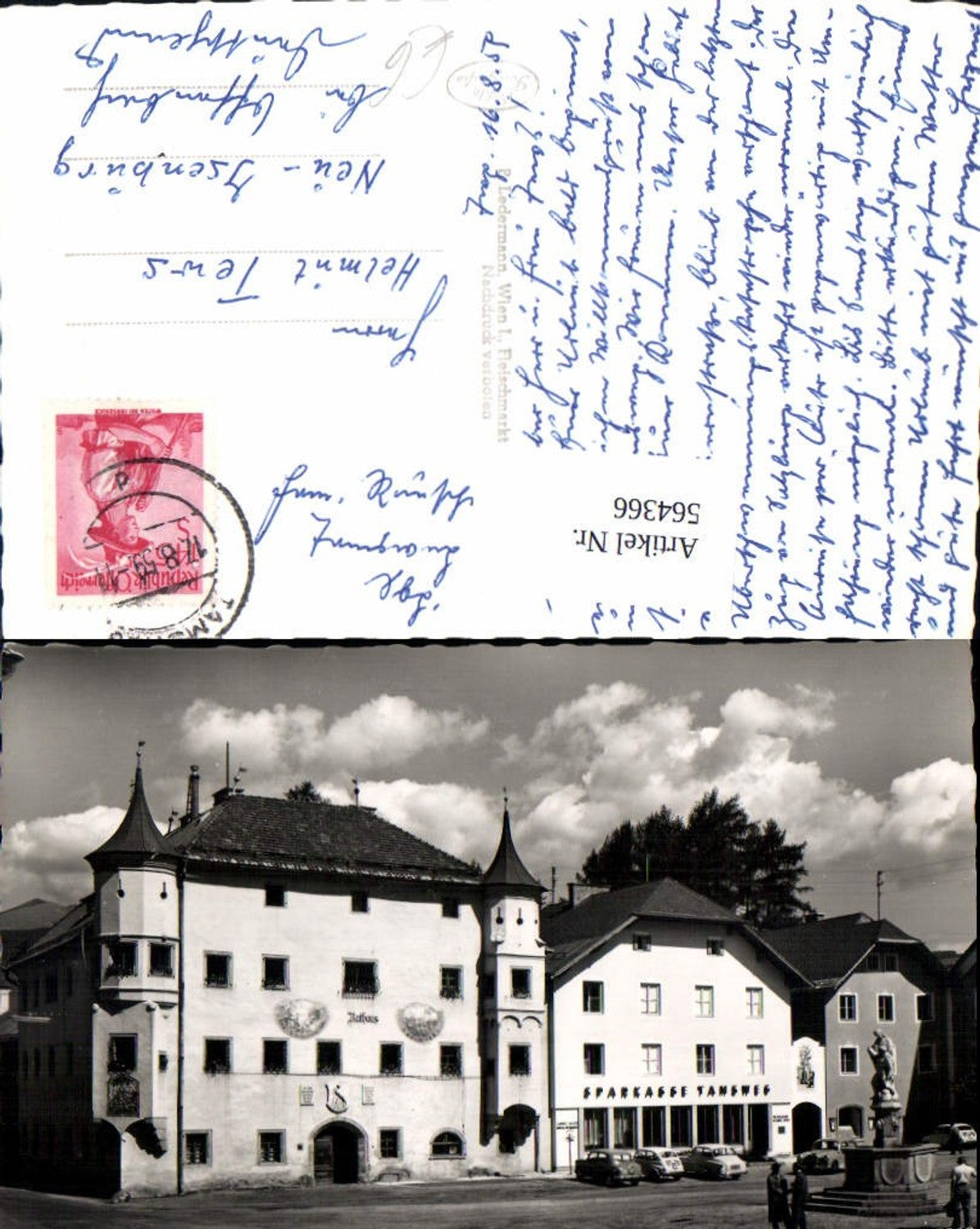 564366,Foto Ak Tamsweg Hauptplatz Rathaus Sparkasse Statue Auto