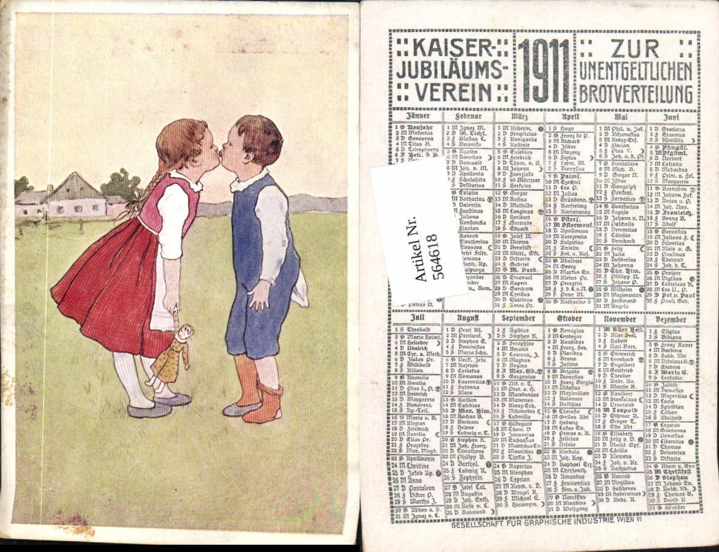 564618,Künstler AK Kinder Mädchen Kuss Puppe Jubiläumsverein 1911