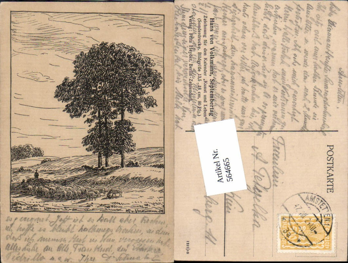 564665,Künstler AK Hans von Volkmann Hirte Schafe Stp. Amstetten
