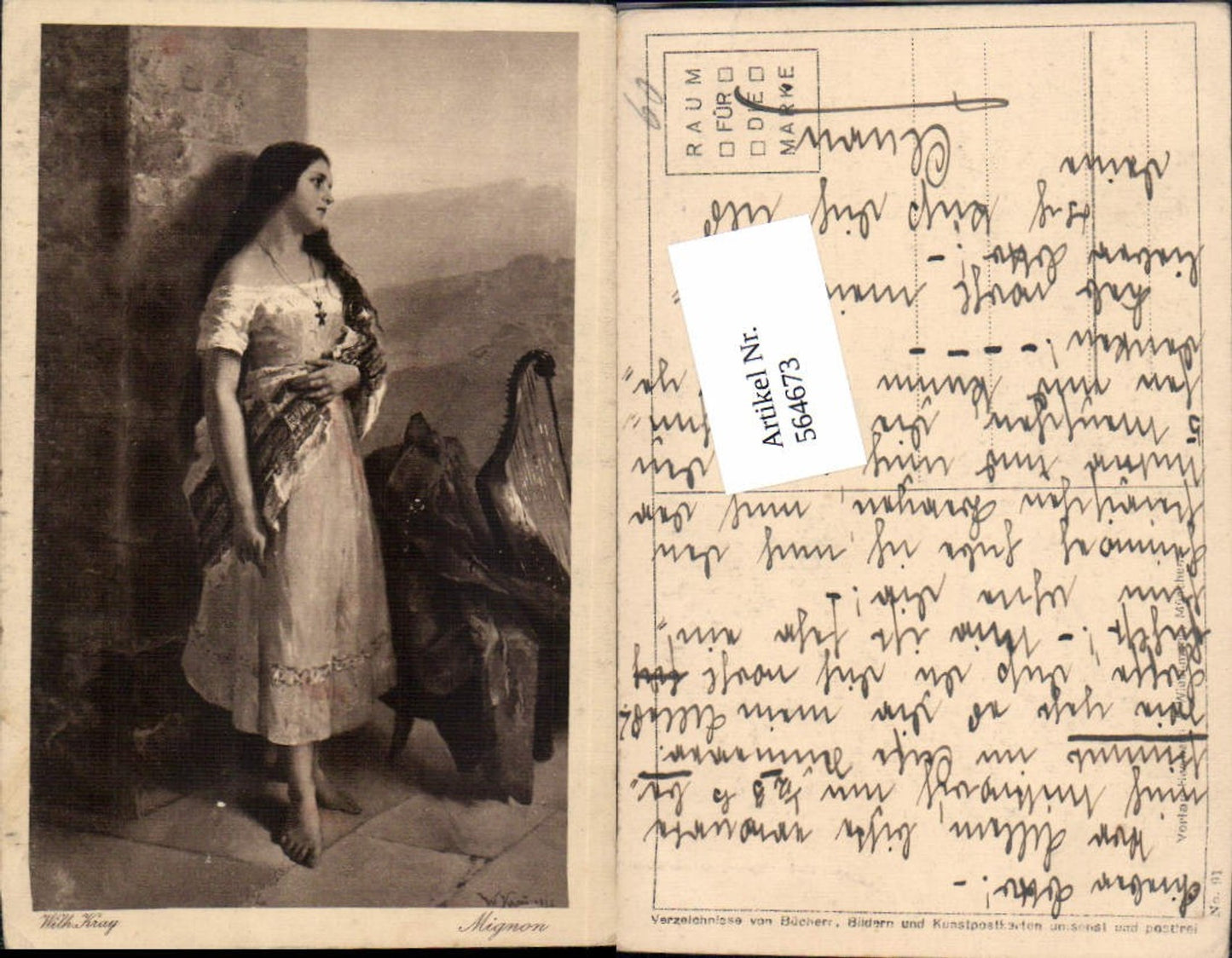 564673,Künstler AK Wilhelm Krag Mignon Zigeuner Harfe Typen