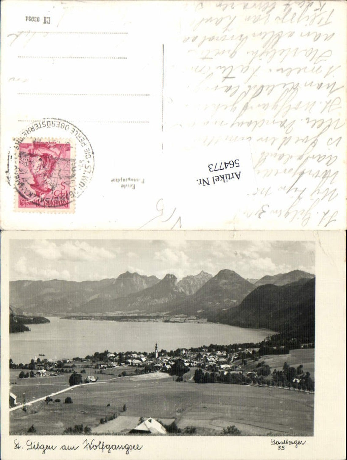 564773, Photo postcard St. Gilgen on Lake Wolfgang, Gastberger pub 55