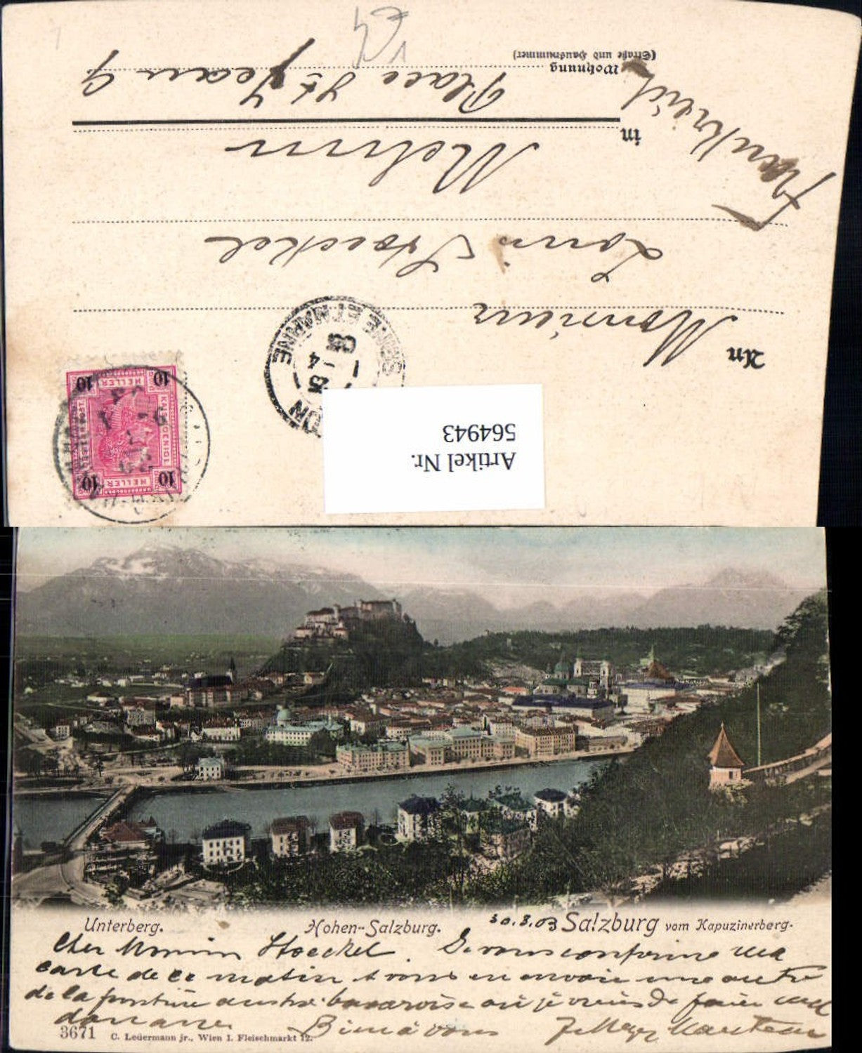 564943, Salzburg from Kapuzinerberg with Untersberg and Hohensalzburg 1903 pub Ledermann 3671