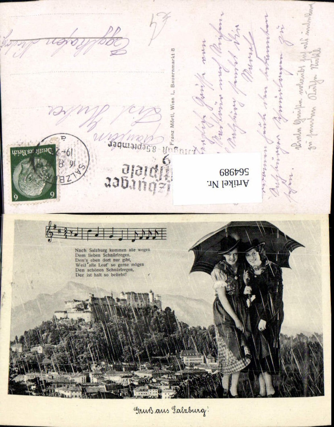 564989, Song card Greetings from Salzburg Women's Umbrella Musical staves Lyrics