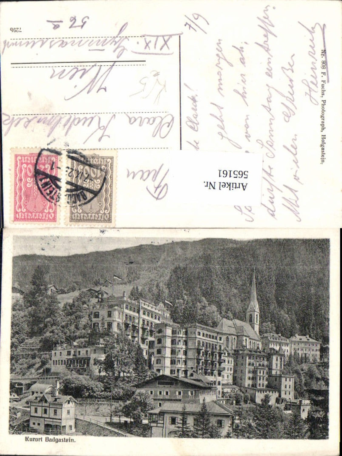 565161,Künstler Ak Bad Gastein Ansicht pub F. Fuchs 808