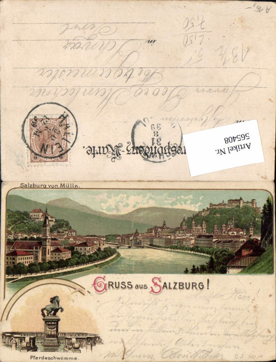 565408, great lithograph Salzburg Mülln horse watering place 1899