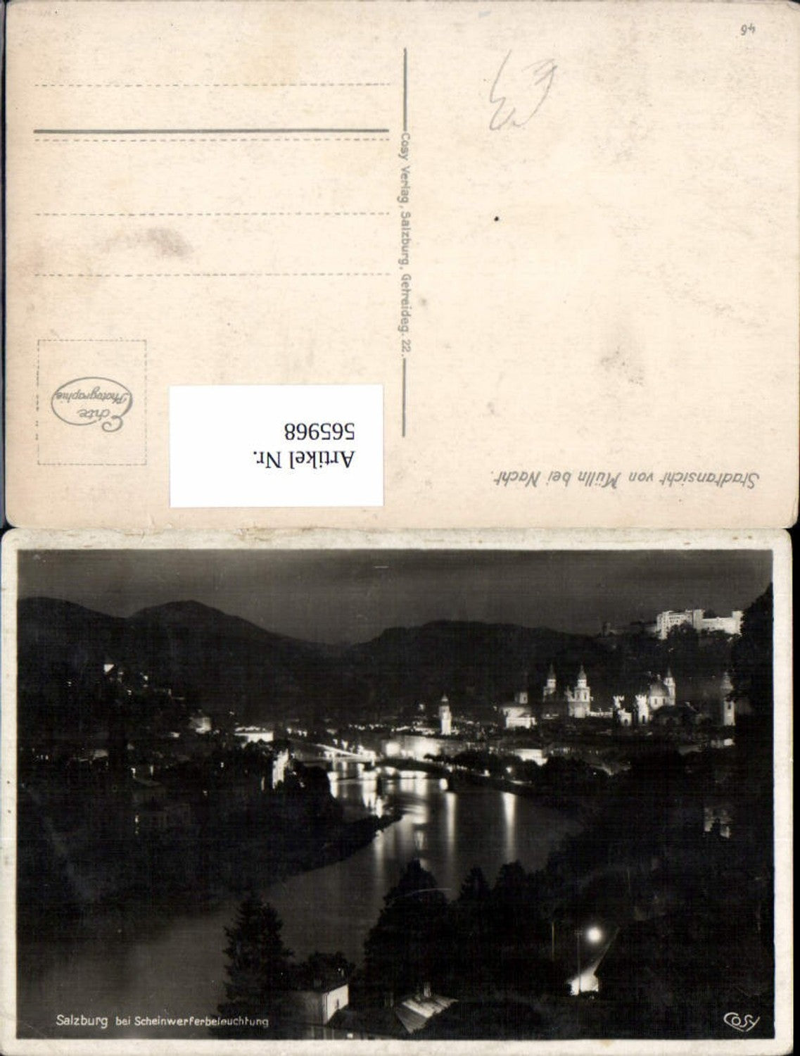 565968, Photo Ak Salzburg b. Spotlight illumination Night Hohensalzburg Fortress pub Cosy