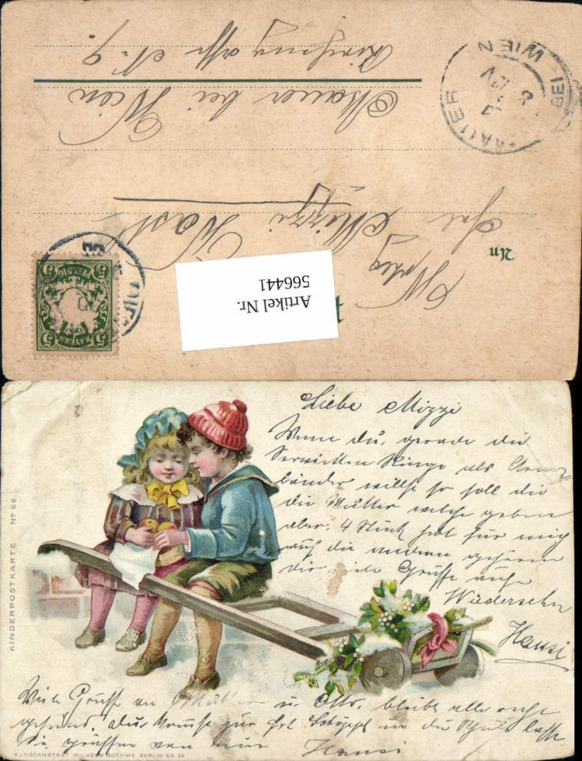 566441,Künstler AK Lithographie Kinder Leiterwagen Blumen pub Boehme