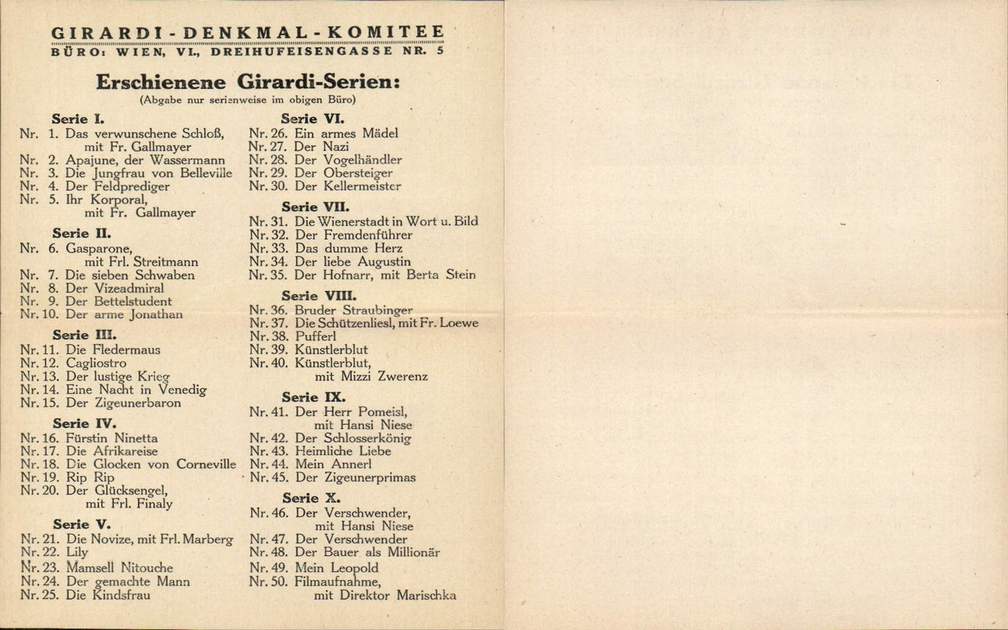 566748,Alexander Girardi Denkmal Komitee Serie Preisliste Ansichtskarten