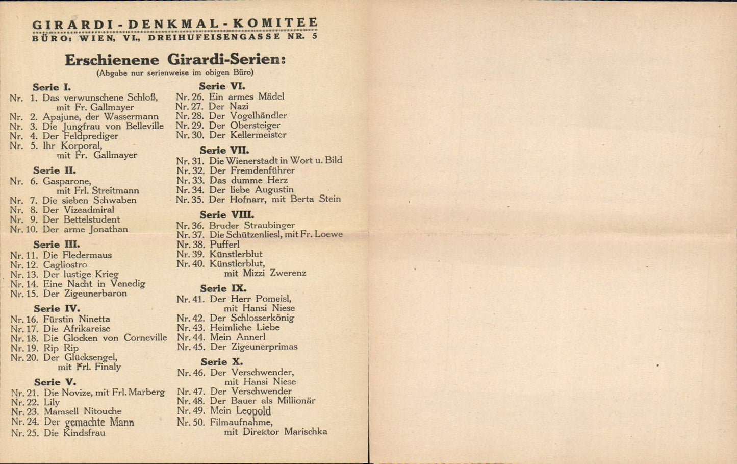 566751,Alexander Girardi Denkmal Komitee Serie Preisliste Ansichtskarten