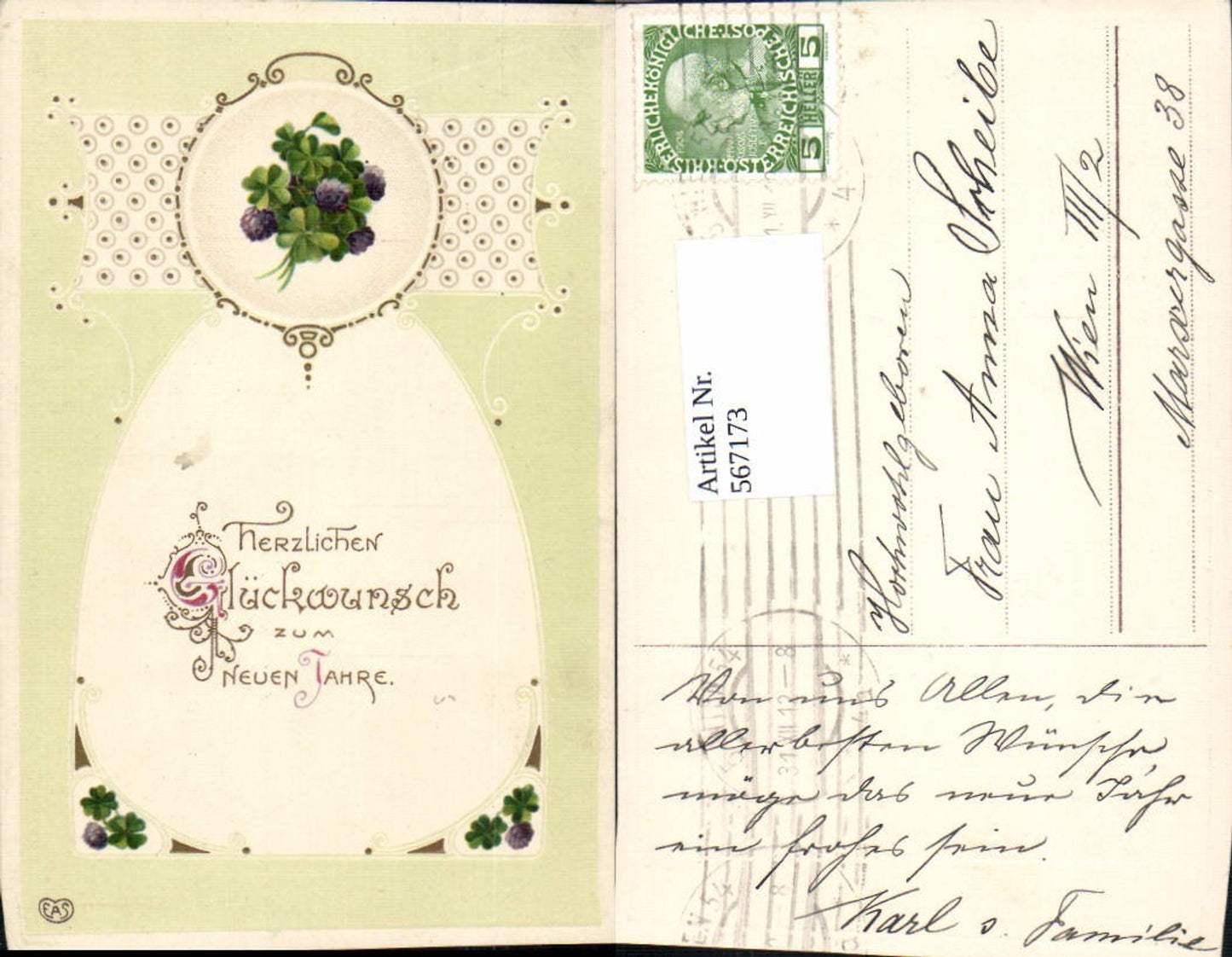 567173,tolle Präge Lithographie Neujahr Jugendstil Art Nouveau Klee pub EAS
