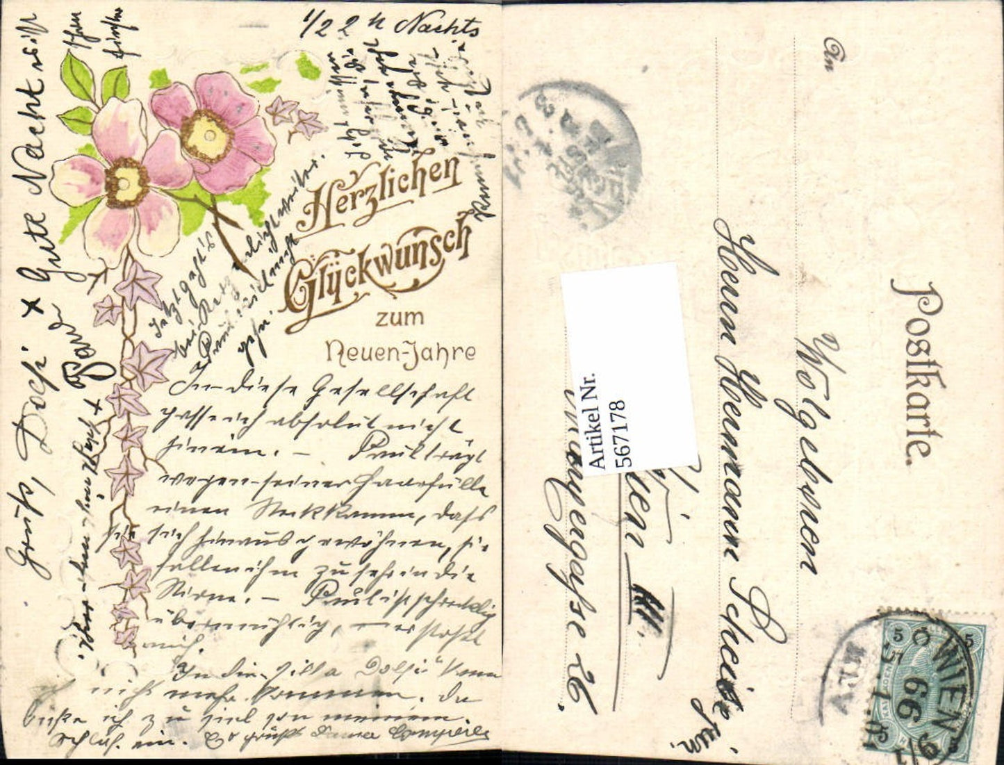 567178,tolle Präge Lithographie Neujahr Golddruck Blumen