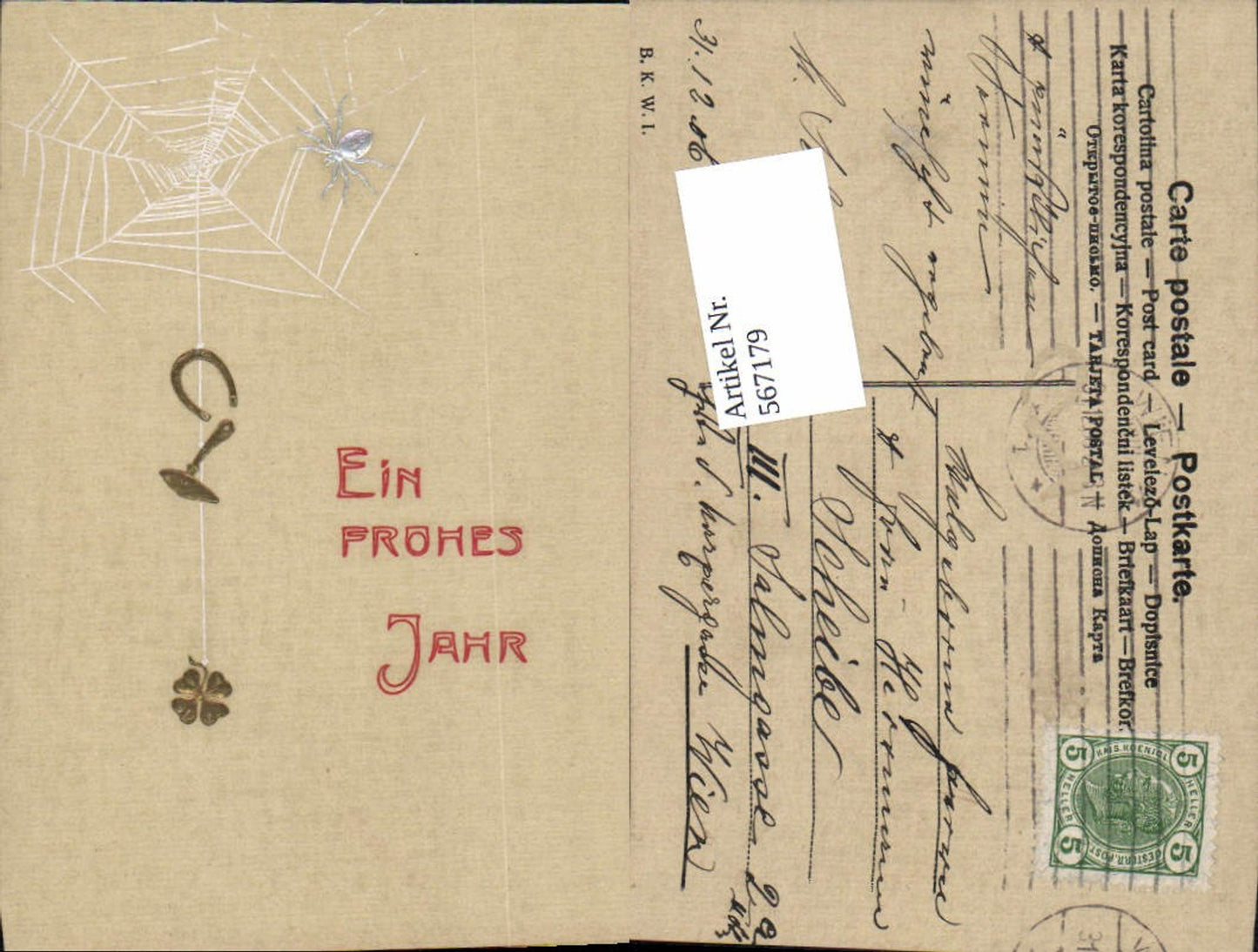 567179,tolle Präge Lithographie Neujahr Spinne Spinnennetz Klee Hufeisen pub B.K.W.I.