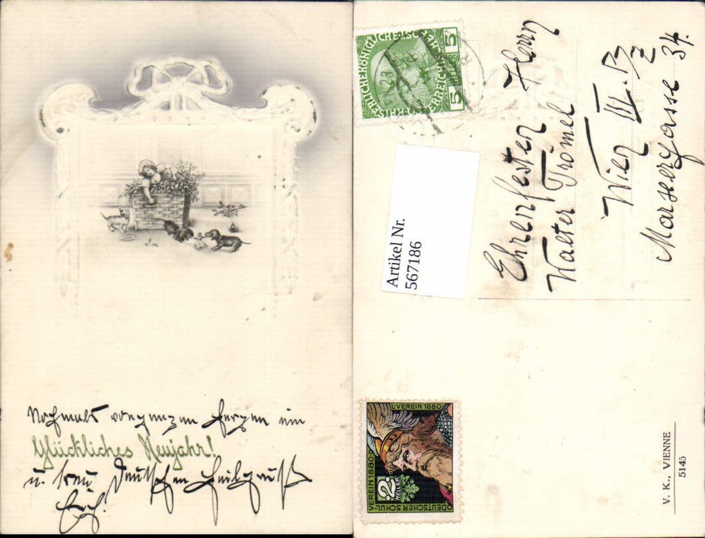 567186,tolle Präge Lithographie Neujahr Dackel Kind Katze pub V.K. Vienne 5145