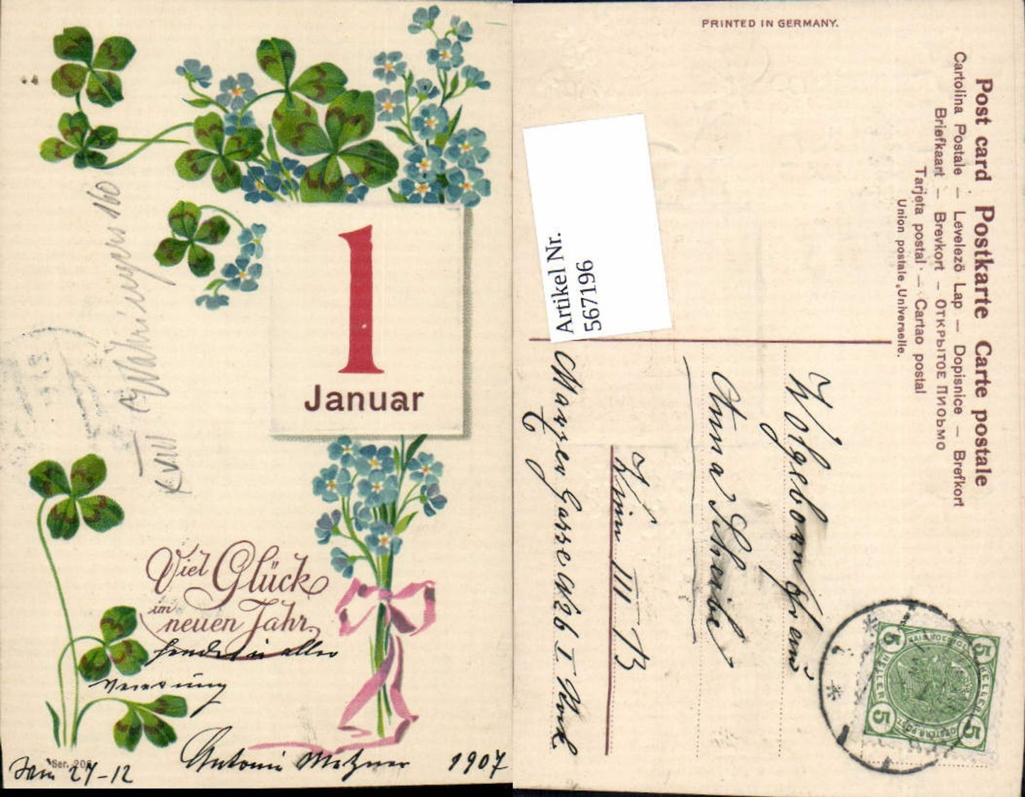 567196,tolle Präge Lithographie Neujahr Januar Kalender Klee Blumen Flieder