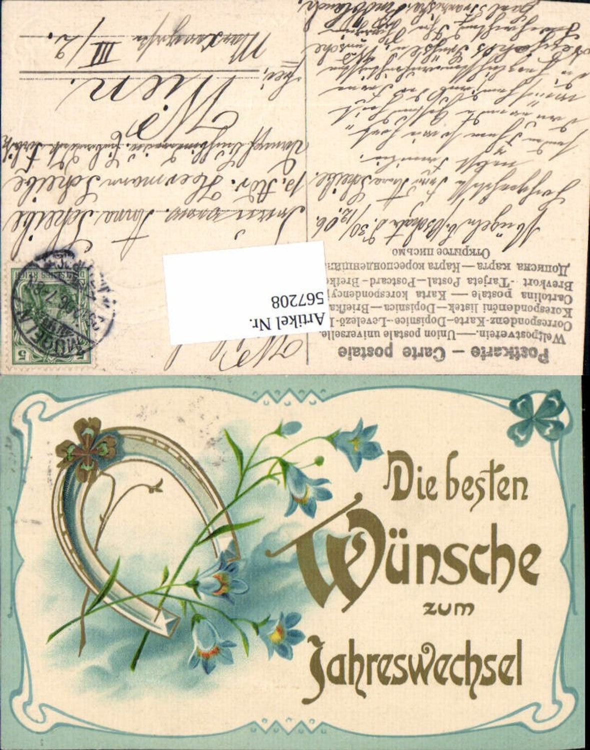 567208,tolle Präge Lithographie Neujahr Hufeisen Blumen Art Deco Jugendstil