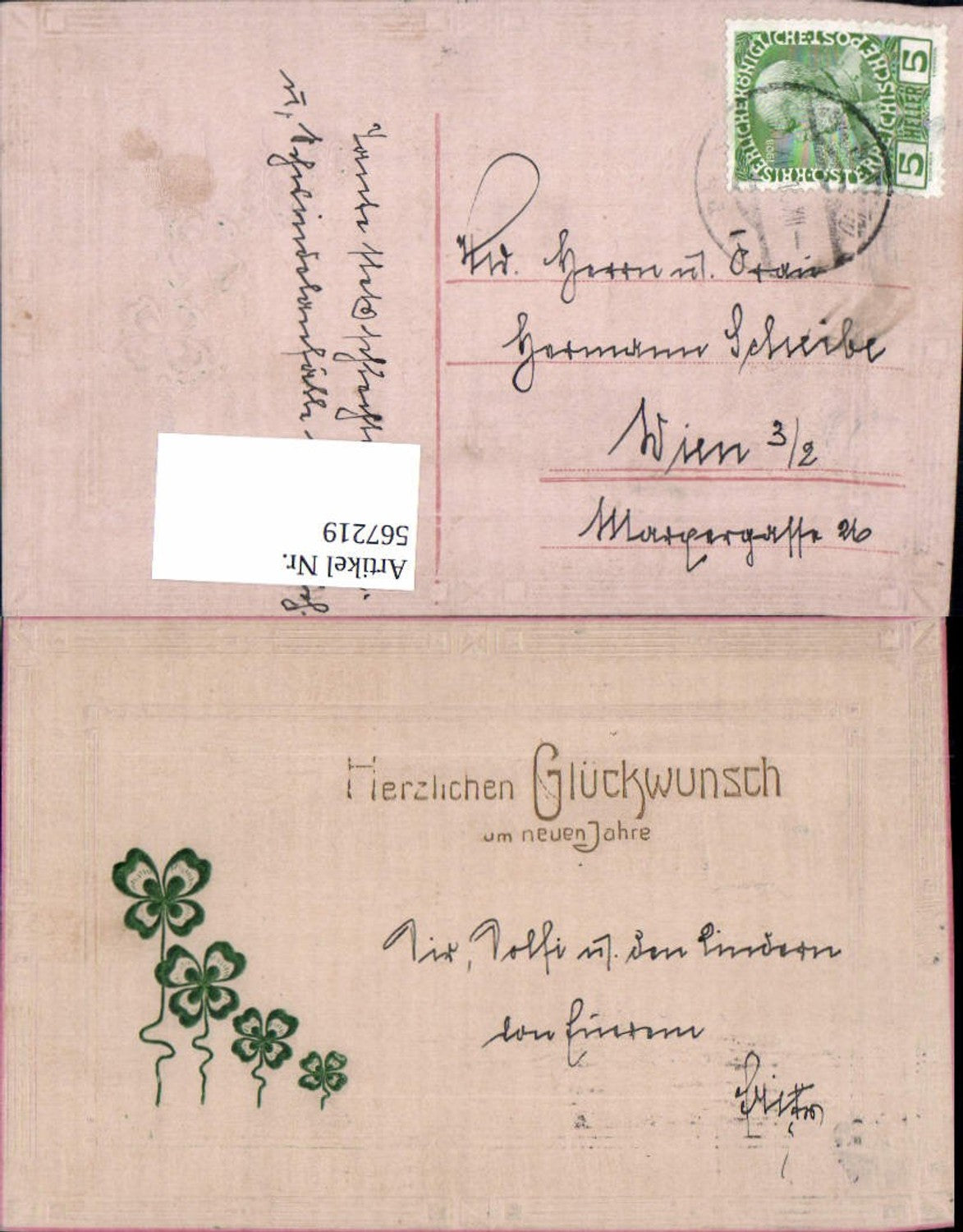 567219,tolle Präge Lithographie Neujahr Klee Kleeblatt Art Deco