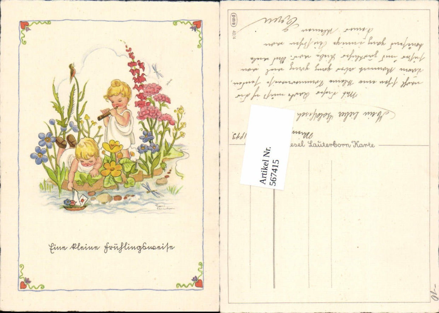 567415,Künstler AK Liesel Lauterborn Kinder Flöte Schiff Blumen