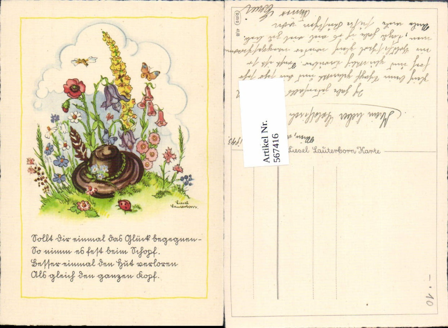 567416,Künstler AK Liesel Lauterborn Hut Blumen Schmetterling