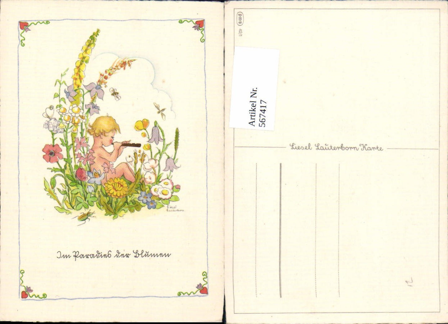567417,Künstler AK Liesel Lauterborn Kind Flöte Blumen