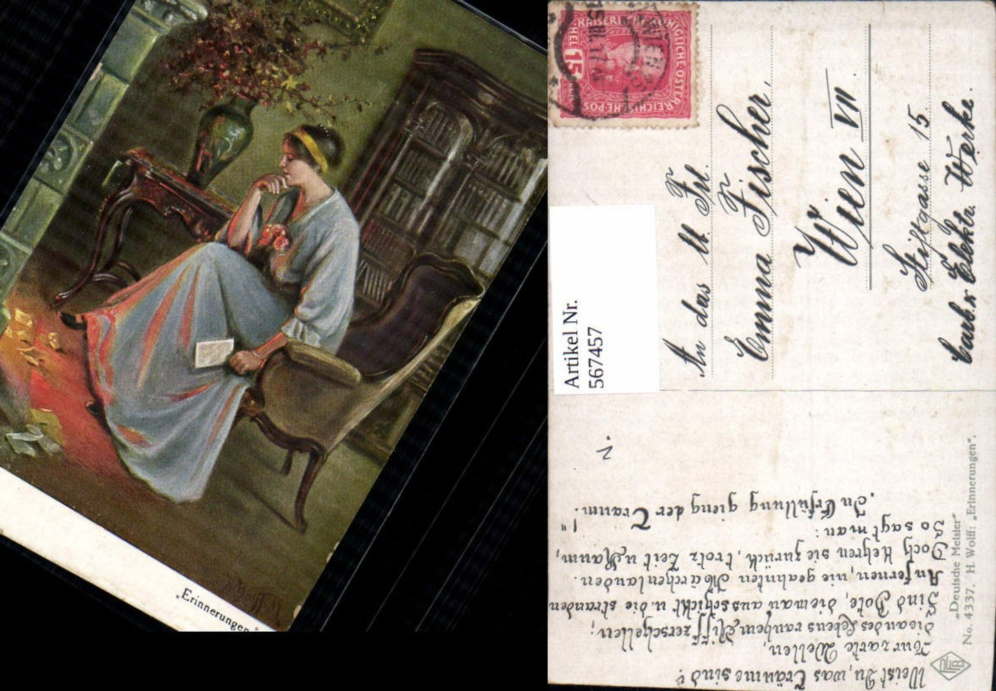 567457,Künstler AK H. Wolff Erinnerungen Frau Brief Ofen Kasten Interieur