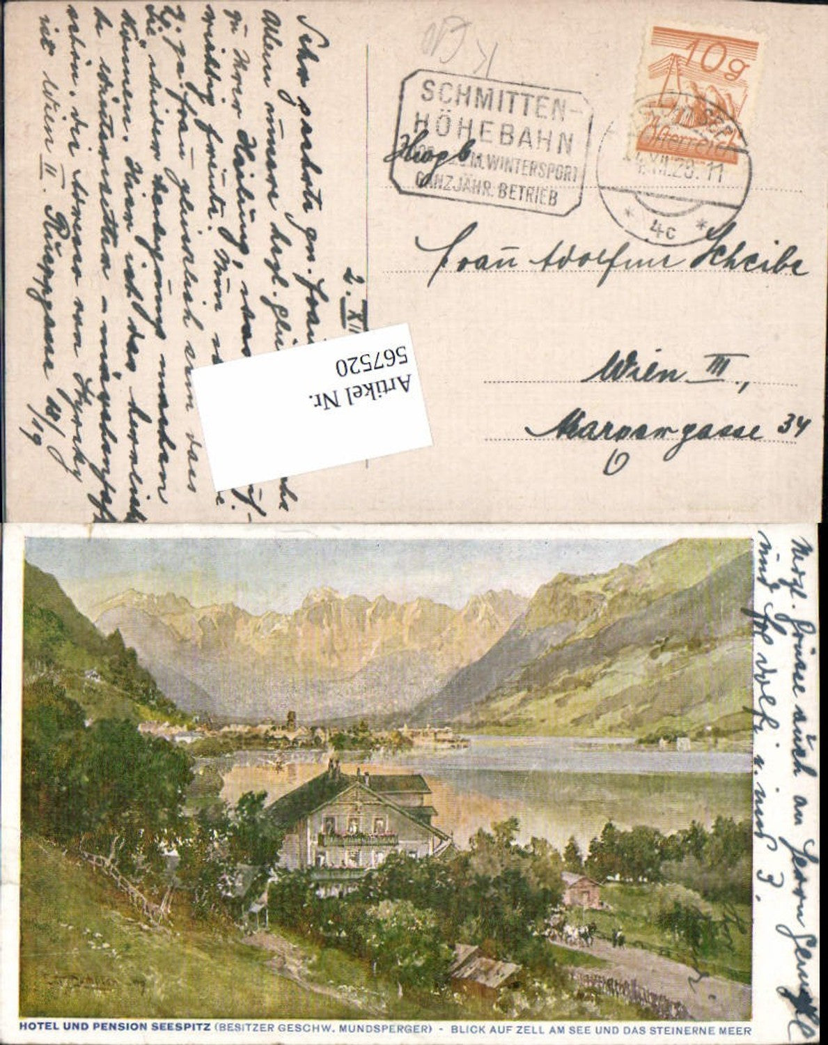 567520,Künstler AK E.T. Compton Zell am See Hotel Pension Seespitz