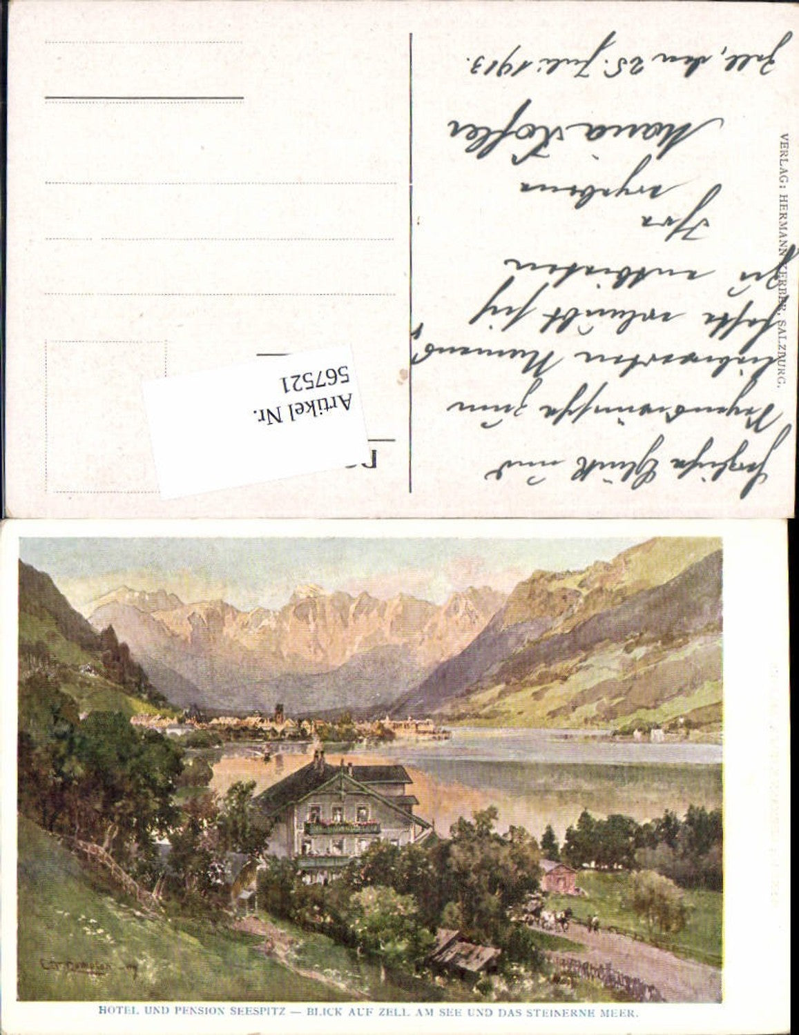 567521,Künstler AK E.T. Compton Zell am See Hotel Pension Seespitz