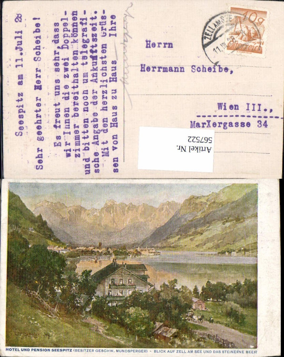 567522,Künstler AK E.T. Compton Zell am See Hotel Pension Seespitz