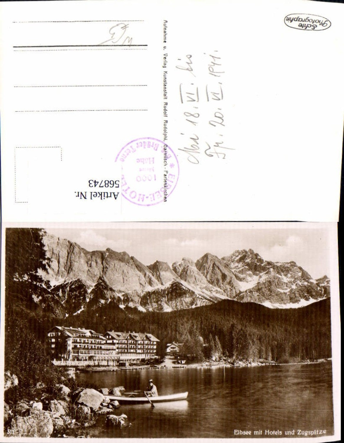 568743,Foto Ak Grainau Eibsee m. Hotels u. Zugspitze Ruderboot Boot