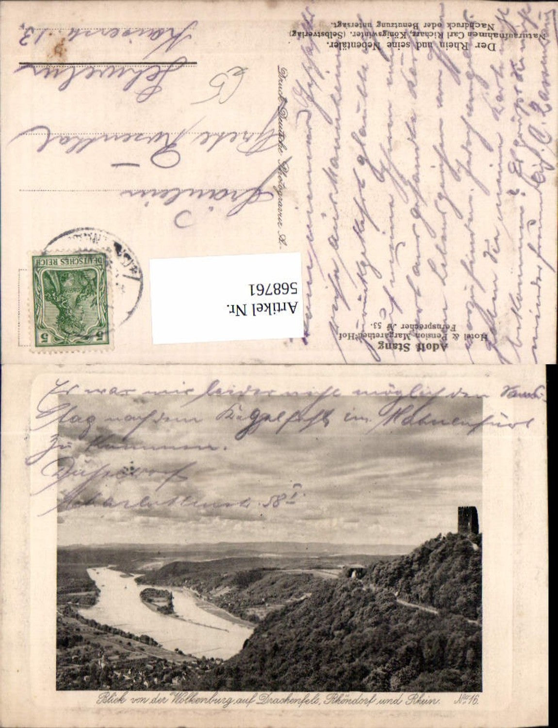 568761,Blick v. d. Wolkenburg auf Drachenfels Rhöndorf u. Rhein Bad Honnef Präge-Passepartout