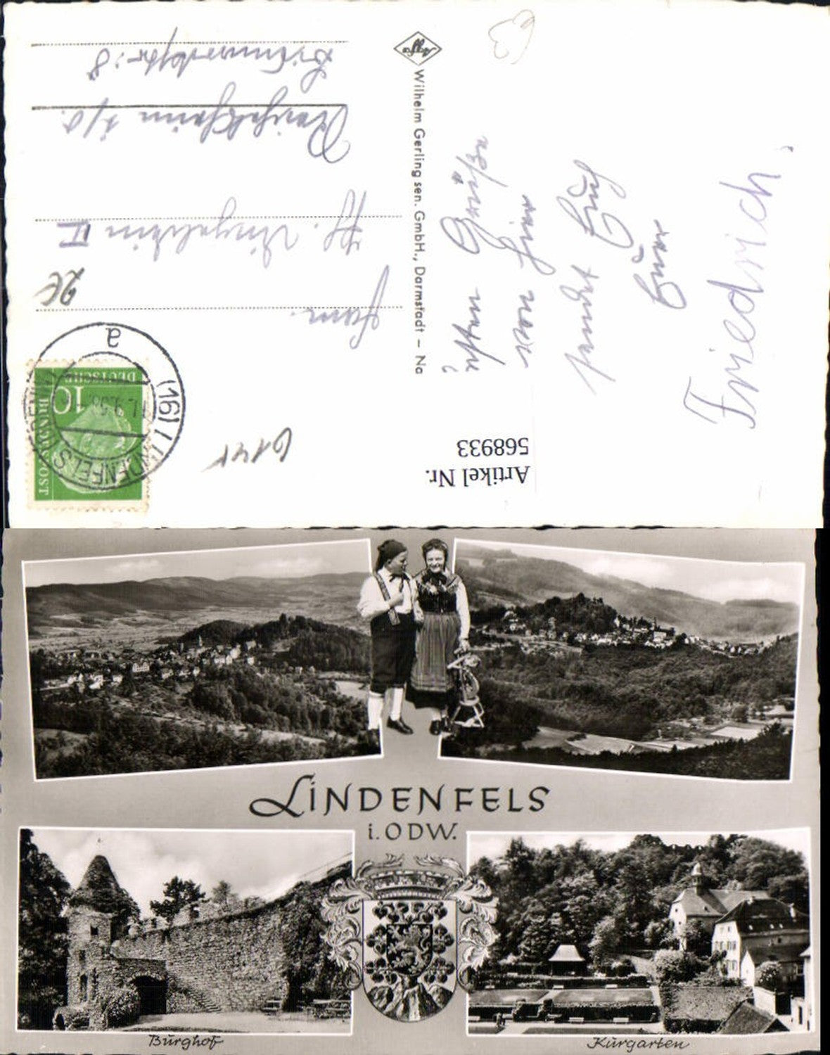 568933,Mehrbild Ak Lindenfels Odenwald Burghof Kurgarten Paar i. Tracht