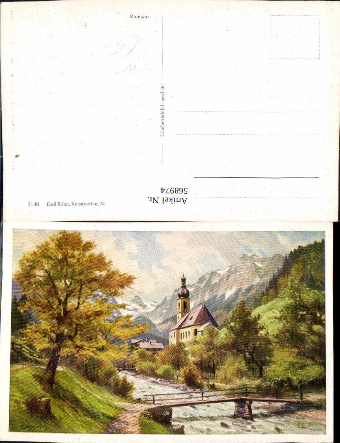 568974,Künstler Ak Ramsau bei Berchtesgaden Kirche Brücke pub Emil Köhn