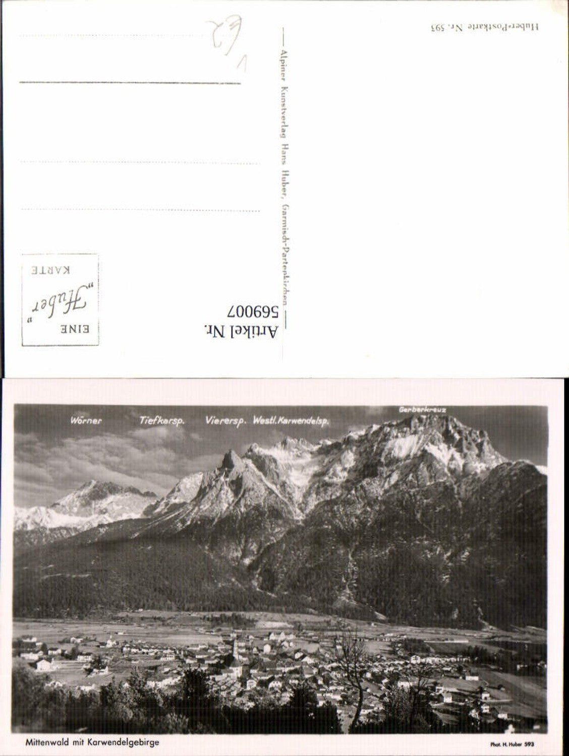569007,Foto Ak Mittenwald m. Karwendelgebirge pub Hans Huber 593