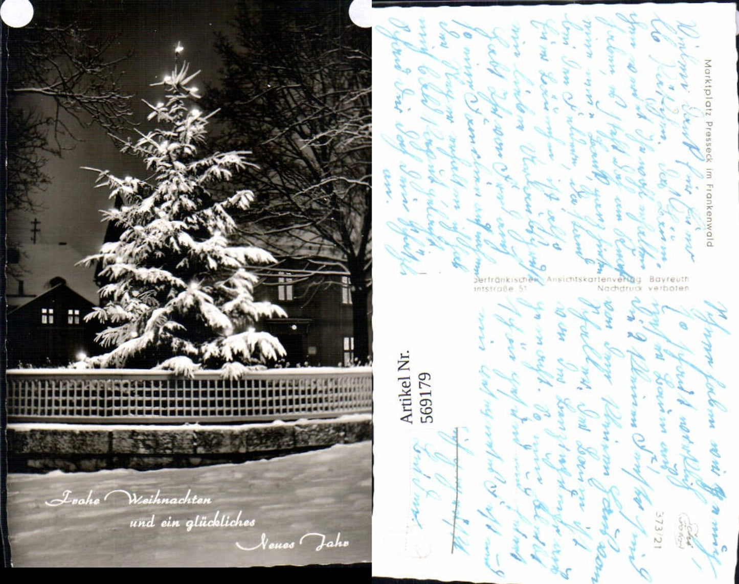 569179, Photo Ak Market Square Presseck i. Frankenwald Illuminated fir tree Winter New Year Christmas