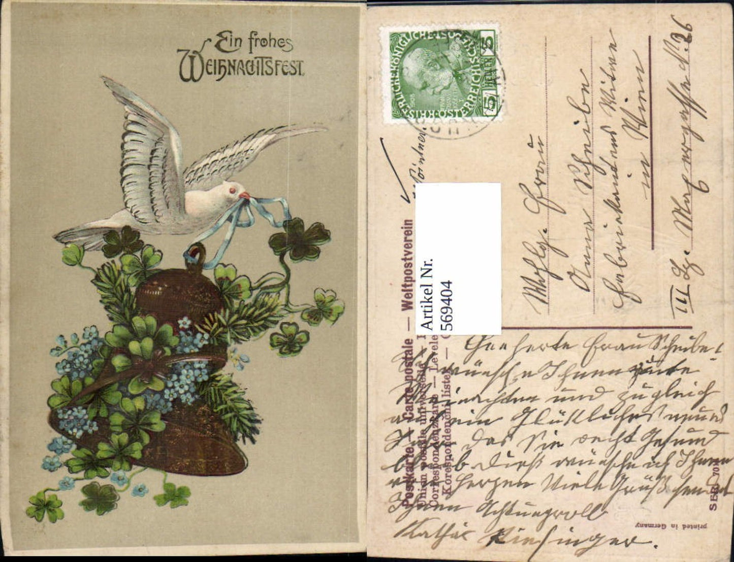 569404,tolle Präge Lithographie Weihnachten Klee Taube Glocke
