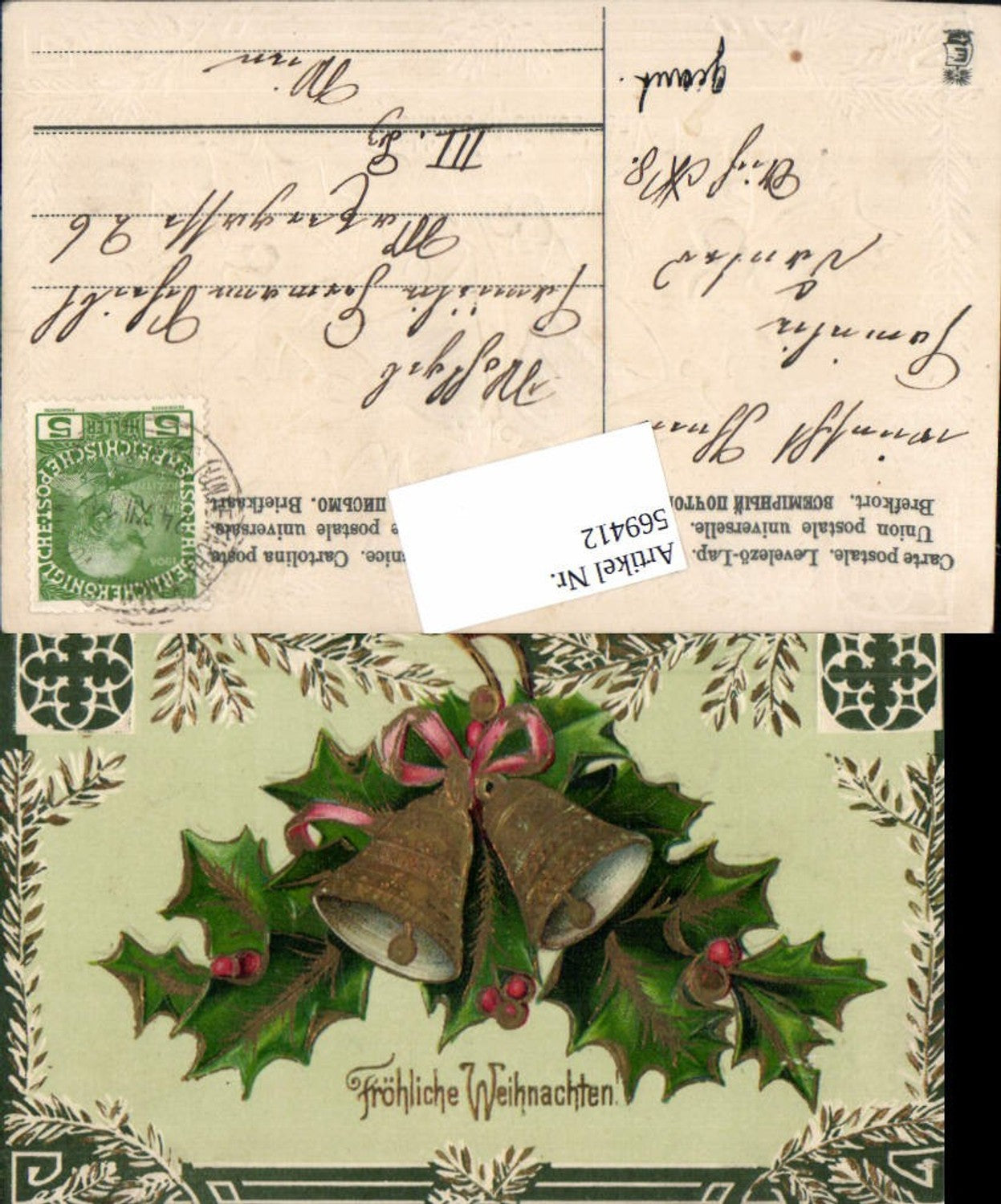 569412,tolle Präge Lithographie Weihnachten Glocke Golddruck